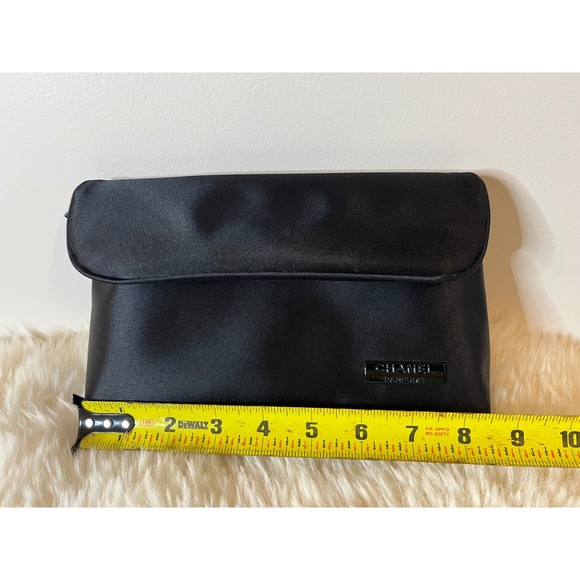 Chanel Parfums Black Satin Makeup Bag Pouch Evening Clutch Metal Logo Plaque - Picture 6 of 7